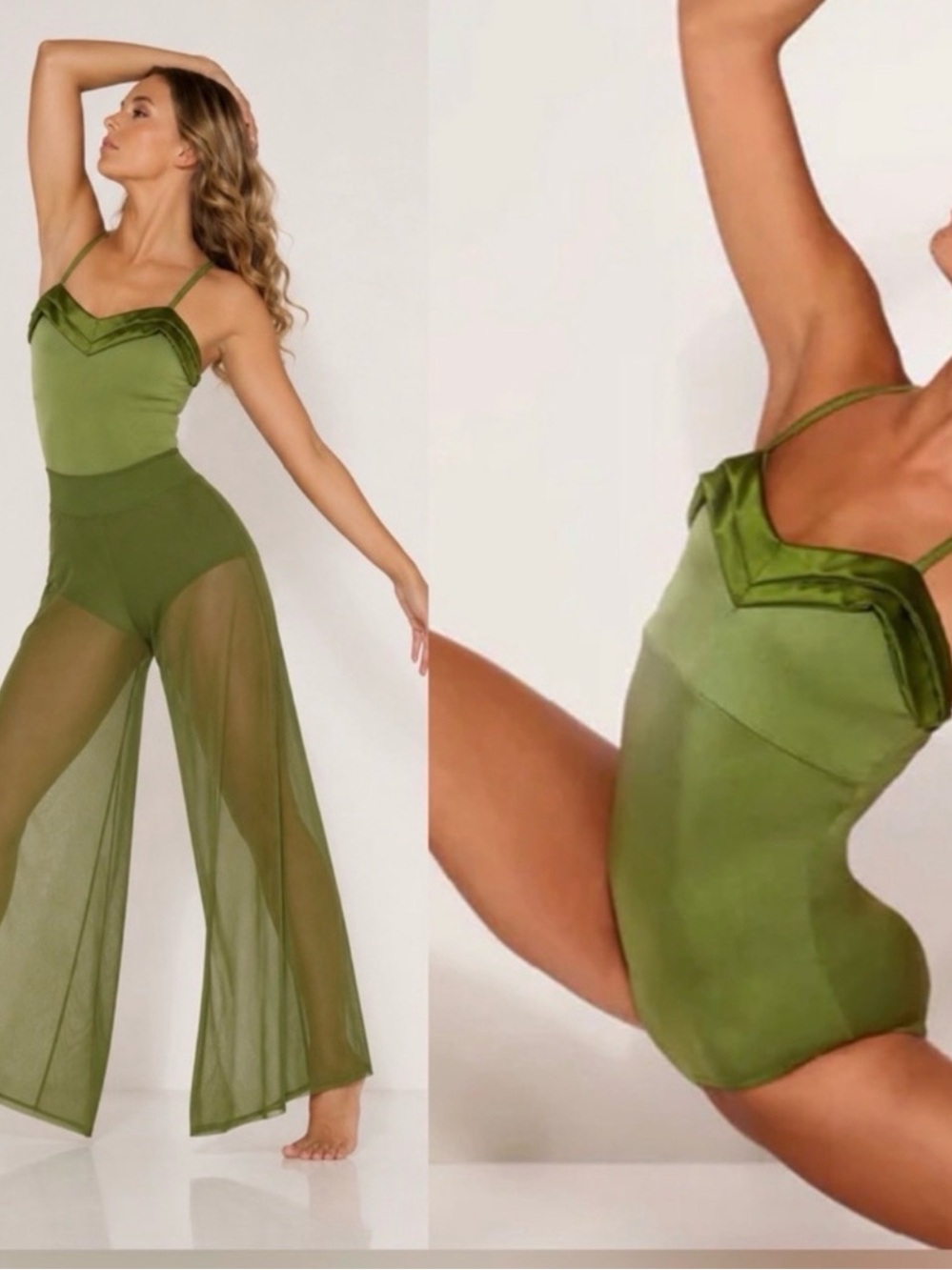 Elle Olive Green Two-Piece Dance Bodysuit with Sheer Pants.Size adult Medium.